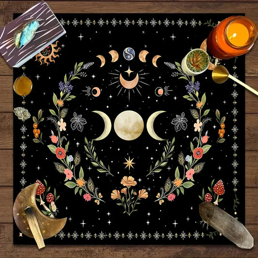1pc Tarot Tablecloth – Altar Cloth with Moon Phase, Sun, Starry Sky & Floral Design